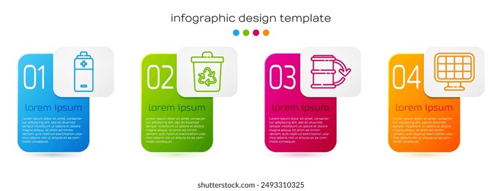Set line Batería, Papelera de reciclaje con reciclaje, Barril de combustible ecológico y panel de energía solar. Plantilla de infografía de negocios. Vector