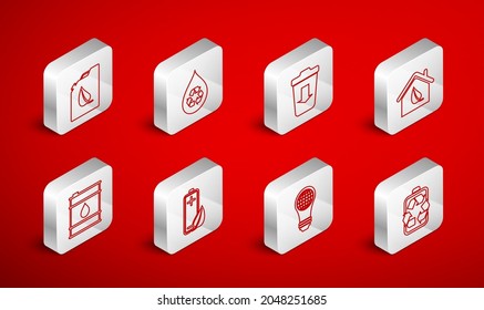 Set line Battery with recycle, Recycle clean aqua, Send to the trash, Eco friendly house, Light bulb world globe, Bio fuel canister, nature leaf and battery and Oil barrel icon. Vector