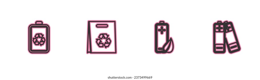 Set-line Battery mit Recycling, Eco Naturblatt und Batterie, Einkaufstasche und Symbol. Vektorgrafik