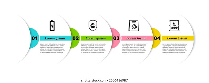 Set line Battery, Recycle inside shield, Shopping bag with recycle and Bio fuel barrel. Business infographic template. Vector