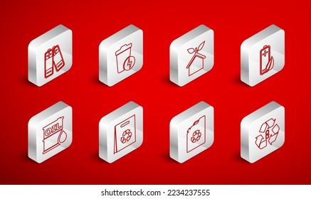Fijar línea Batería con reciclador, lata de basura relámpago, casa amigable con el medio ambiente, hoja y batería naturales, cartucho de combustible, bolsa de compras e icono de barril de petróleo. Vector