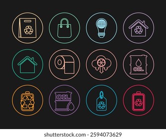 Set line Battery with recycle, Oil barrel, Light bulb world globe, Toilet paper roll, House, Shopping bag, Acid rain and radioactive cloud and  icon. Vector