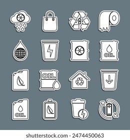 Set line Battery with recycle, Send to the trash, Oil barrel, Lightning can, Earth planet water drop, Acid rain and radioactive cloud and Radioactive waste icon. Vector