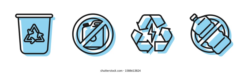 Set line Battery with recycle symbol, Recycle bin with recycle symbol, No canister for gasoline and No plastic bottle icon. Vector
