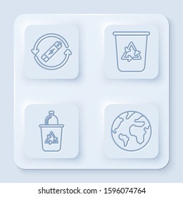 Set line Battery with recycle symbol line, Recycle bin with recycle symbol and Earth globe. White square button. Vector