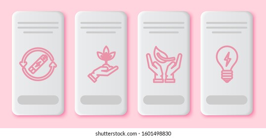 Set line Battery with recycle symbol line, Plant in hand of environmental protection, Sprout in hand of environmental protection and Light bulb with lightning symbol. White rectangle button. Vector