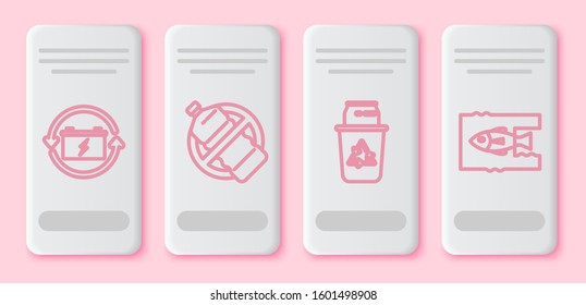 Set line Battery with recycle symbol, No plastic bottle, Recycle bin with recycle symbol and can and Stop ocean plastic pollution. White rectangle button. Vector