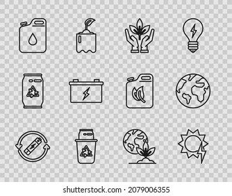 Fijar línea Batería con línea de símbolos de reciclado, panel de energía solar, mano de planta de protección ambiental, lata de papelera de reciclaje, cartucho para gasolina, batería de coche, planta de globo terrestre e icono. Vector
