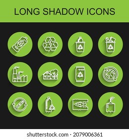 Set line Battery with recycle symbol line, Recycling plastic bottle, Stop ocean pollution, Sprout, Eco friendly house, Planet earth and recycling and Can can icon. Vector