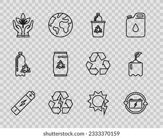 Set line Battery, with recycle symbol, Recycle bin, Plant hand of environmental protection, Can can, Solar energy panel and Sprout bottle icon. Vector