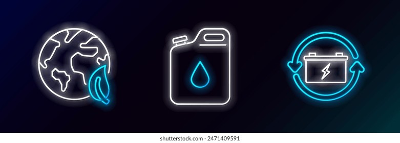 Set Line Batterie mit Recycling-Symbol, Erdkugel und Blatt und Kanister für Benzin-Symbol. Glühendes Neon. Vektorgrafik