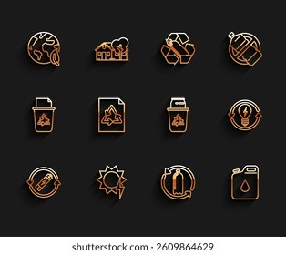 Set line Battery with recycle symbol line, Solar energy panel, Earth globe and leaf, Recycling plastic bottle, Canister for gasoline, Paper, Recycle light bulb lightning and bin can icon. Vector