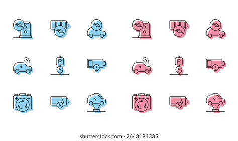 Set line Battery with recycle symbol, Low battery, Electric car charging station, Charging parking electric, Smart system and Eco nature leaf icon. Vector