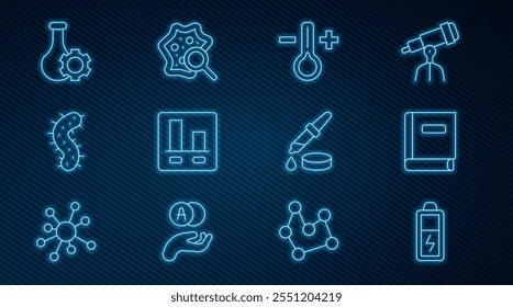 Batería, libro de Ciencia, termómetro, infografía gráfica, virus, tubo de ensayo, pipeta y microorganismos bajo el ícono de la lupa. Vector