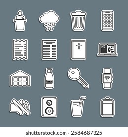 Set line Battery, Smartwatch with wireless, Medical clinical record, Trash can, Paper financial check, Speaker and Holy bible book icon. Vector