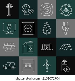 Set line Battery, Solar energy panel, Electric plug, Location with leaf, Electrical outlet, tower and Water icon. Vector