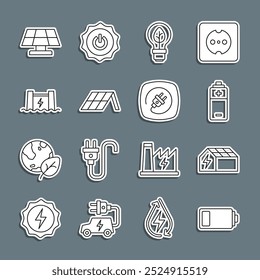 Set line Battery, Solar energy panel, Light bulb with leaf, Hydroelectric dam,  and Electric plug icon. Vector