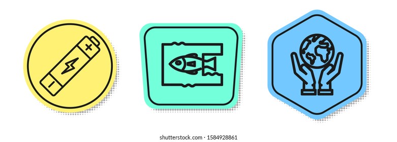 Set line Battery, Stop ocean plastic pollution and Human hands holding Earth globe. Colored shapes. Vector