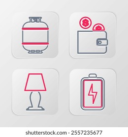 Set line Battery, Table lamp, Wallet with coin and Propane gas tank icon. Vector