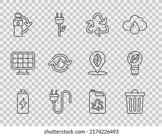 Set line Battery, Trash can, Recycle symbol, Electric plug, Recycling plastic bottle, clean aqua, Eco fuel canister and Light bulb with leaf icon. Vector