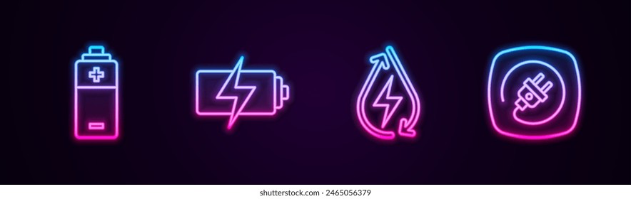 Set line Battery, , Water energy and Electric plug. Glowing neon icon. Vector