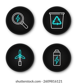 Set line Battery, Wind turbine, Recycle with recycle and Lightning bolt icon. Vector