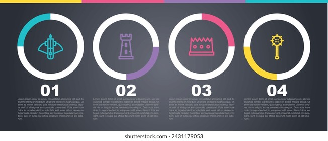 Set line Battle crossbow with arrow, Castle tower, King crown and Medieval chained mace ball. Business infographic template. Vector