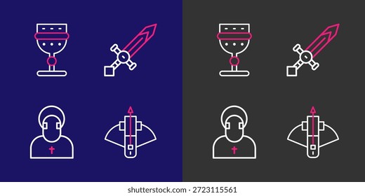 Fije la línea Ballesta de batalla con la flecha, el monje, la espada medieval y el icono del cáliz. Vector