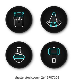 Martillo de batalla, botella con poción, cuerno de caza e icono de cabeza vikinga. Vector