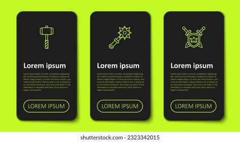 Fijar la línea Martillo de batalla, Mace con puntas y espadas Escudo. Plantilla de infografía empresarial. Vector