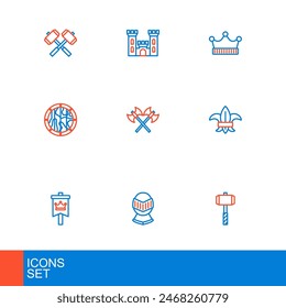 Martillo de batalla, casco medieval, bandera, flor de lys o flor de lirio, escudo de madera redondo, hachas medievales cruzadas, corona del rey e icono del castillo. Vector