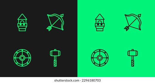 Set line Battle hammer, Round shield, Castle tower and Medieval bow and arrow icon. Vector