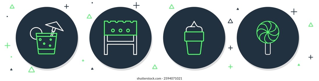 Set line BBQ brazier, Ice cream in waffle cone, Cocktail and Lollipop icon. Vector