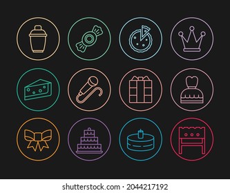 Set line BBQ brazier, Woman dress, Homemade pie, Microphone, Piece of cake, Cocktail shaker, Gift box and Candy icon. Vector