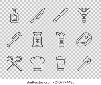 Set line BBQ skewers, Burning match with fire, Bread knife, Chef hat, Sauce bottle, Barbecue coal bag, Glass of beer and Steak meat icon. Vector