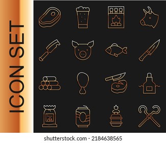 Set line BBQ skewers, Kitchen apron, Meat chopper, Matchbox and matches, Pig, Steak meat and Fish icon. Vector