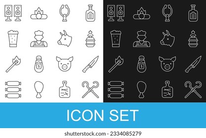 Set line BBQ skewers, Meat chopper, Camping gas stove, tongs, Cook, Glass of beer, Stereo speaker and Cow head icon. Vector
