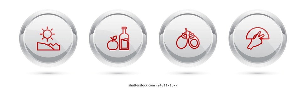 Set line Beach, Apple cider bottle, Castanets and Fan flamenco. Silver circle button. Vector