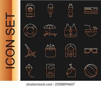 Set line Beach ball, Glasses, Coconut cocktail, Bottle of water, Sunbed and umbrella, Lifebuoy, Passport with ticket and jacket icon. Vector