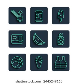 Set line Beach ball, Ice cream in waffle cone, Life jacket, Watermelon, Travel postcard, Meteorology thermometer and Pineapple icon. Vector
