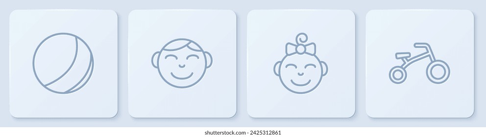 Set line Beach ball, Little girl head, boy and Bicycle for kids. White square button. Vector