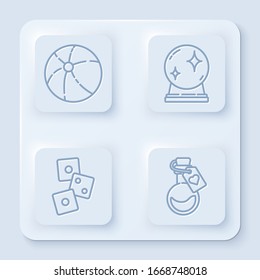 Set line Beach ball, Magic ball, Game dice and Bottle with love potion. White square button. Vector