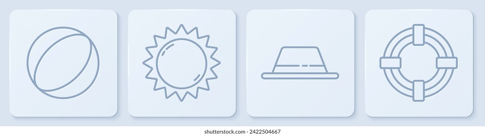 Set line Beach ball, Man hat with ribbon, Sun and Lifebuoy. White square button. Vector