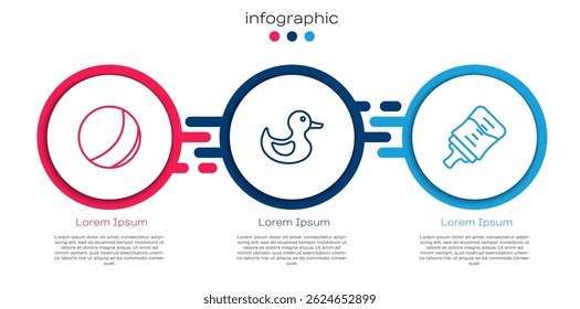 Set line Bola de playa, pato de goma y biberón. Plantilla de infografía de negocios. Vector