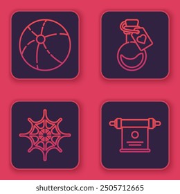 Set line Beach ball, Spider web, Bottle with love potion and Magic scroll. Blue square button. Vector