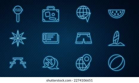 Set line Beach ball, Surfboard, Globe with flying plane, Travel ticket, Wind rose, Lollipop, Swimming trunks and Suitcase icon. Vector