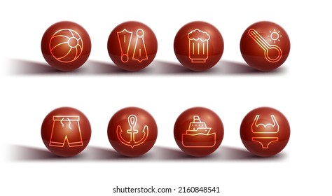 Set line Beach ball, Swimming trunks, Meteorology thermometer, Cruise ship, Anchor, Rubber flippers for swimming, Swimsuit and Wooden beer mug icon. Vector