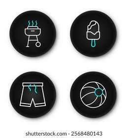 Set line Beach ball, Swimming trunks, Ice cream and Barbecue grill icon. Vector