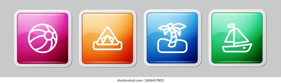 Set line Beach ball, Tourist tent, Tropical palm tree and Yacht sailboat. Colorful square button. Vector
