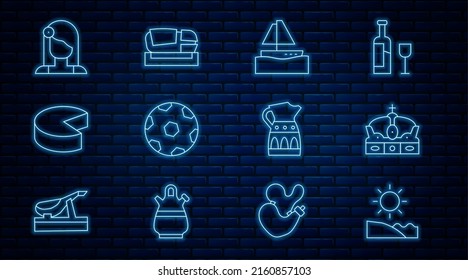 Set line Beach, Crown of spain, Yacht sailboat, Football ball, Cheese, Spanish woman, Sangria pitcher and Stadium Mestalla icon. Vector